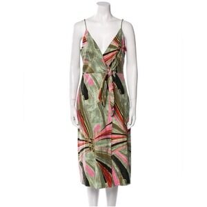 Jason Wu Linen Blend Surplice Faux Wrap Tie Midi Linen Dress Green Tropical Sz 4
